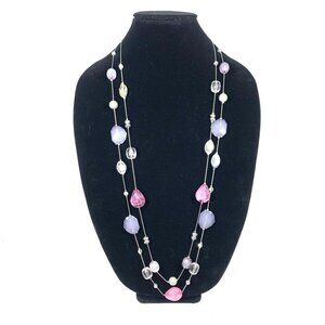 NY Beaded Double Strand Opera Length Station Necklace Purple Pink Silver